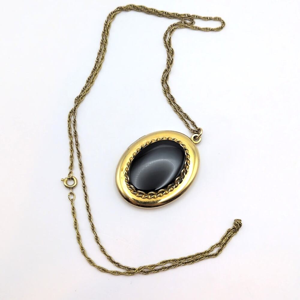 VTG 12k GF Gold Filled Onyx Black Oval Double Photo Locket Necklace Atlas 24in